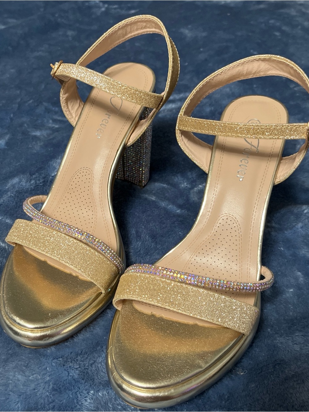 Forever 21 Gold Glitter Block Heel Sandals with Rhinestone Trim